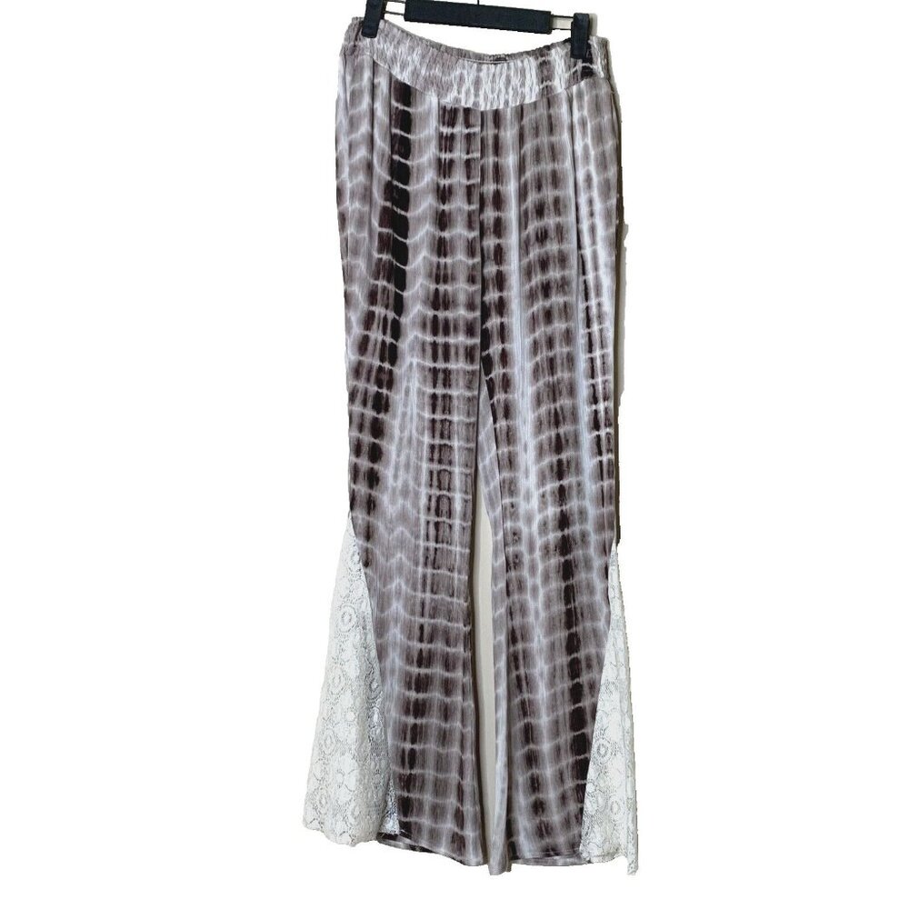 Umgee Women's Tie Dye Gauze Lace Flare Bell Bottom Boho Pants Size S Brown - Picture 2 of 9